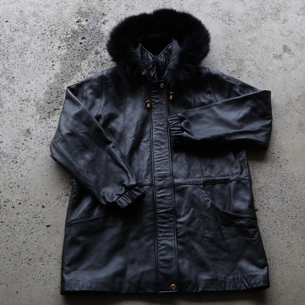 Worthington Lambskin Leather Parka Jacket Womens Size L Black Fox Fur Trim Hood